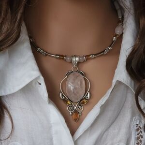 Designer Silver Necklace Rose Quartz Genuine Stones Silver Pendant